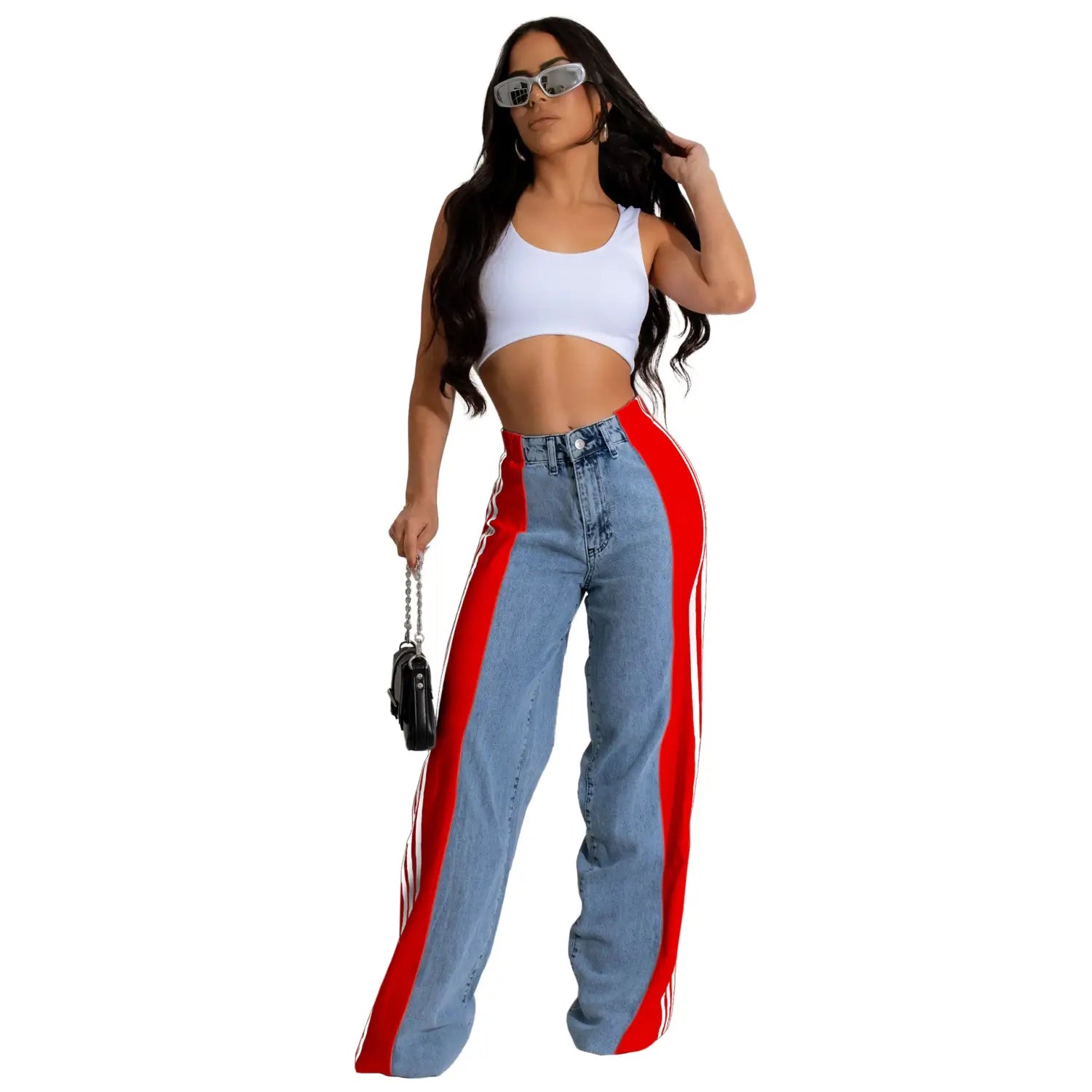 Fashion Stitching Wide Leg Denim Trousers Women’s High Waist Stretchy Straight-leg Pants