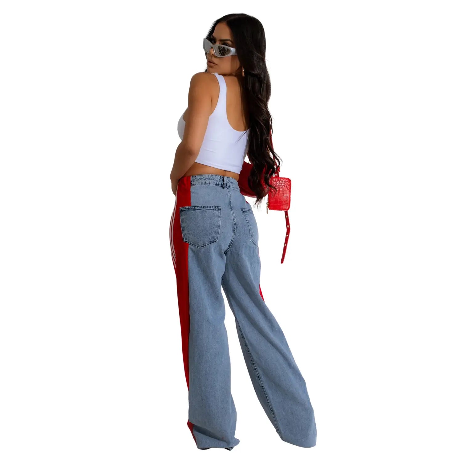 Fashion Stitching Wide Leg Denim Trousers Women’s High Waist Stretchy Straight-leg Pants