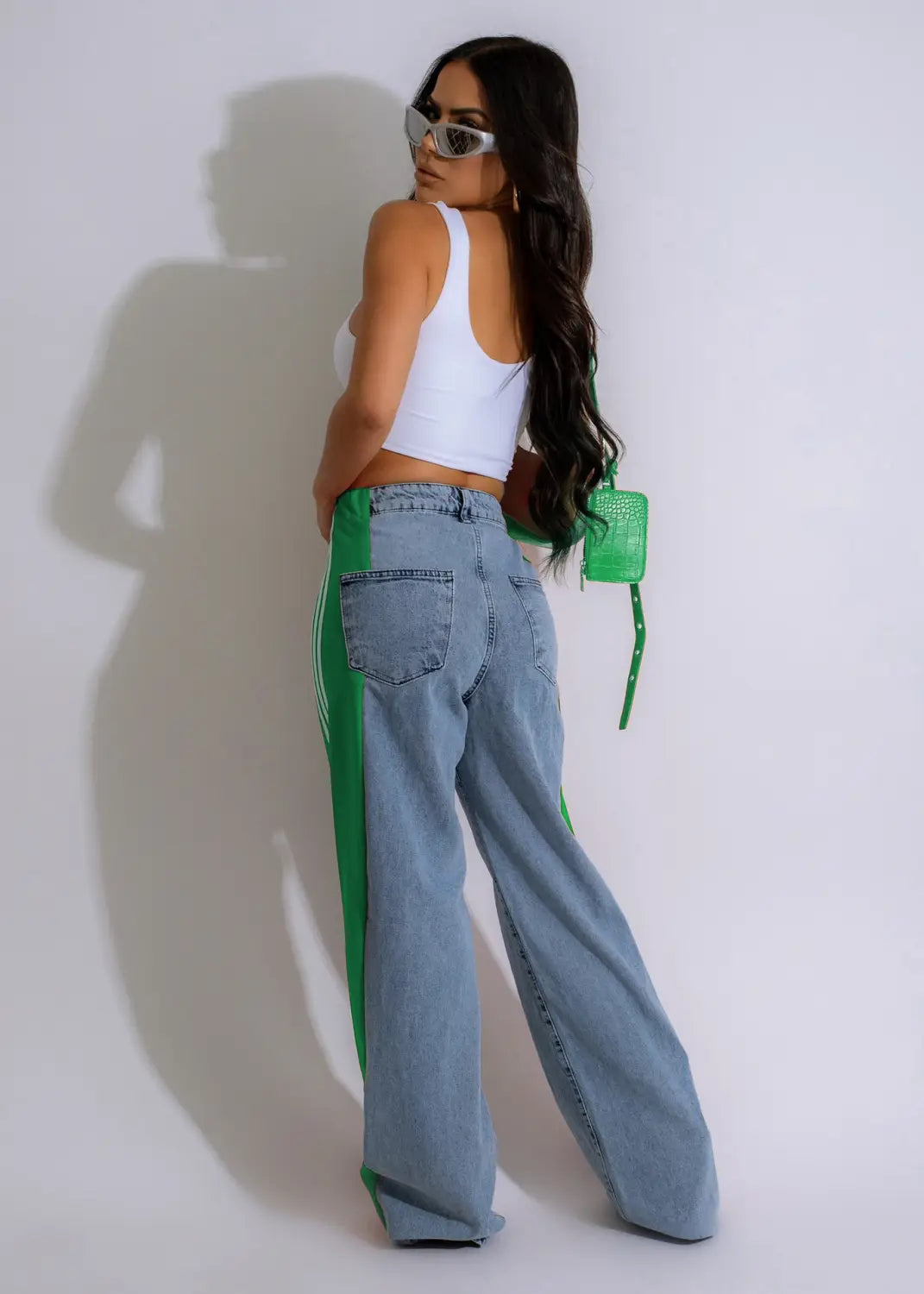 Fashion Stitching Wide Leg Denim Trousers Women’s High Waist Stretchy Straight-leg Pants