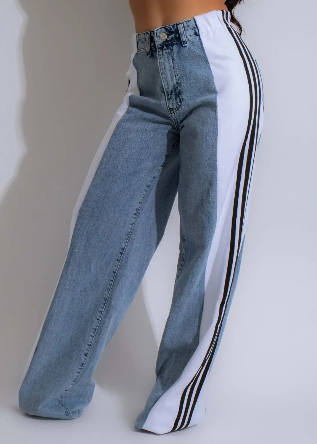 Fashion Stitching Wide Leg Denim Trousers Women’s High Waist Stretchy Straight-leg Pants