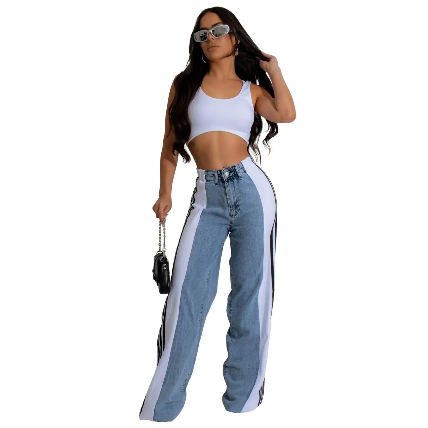 Fashion Stitching Wide Leg Denim Trousers Women’s High Waist Stretchy Straight-leg Pants