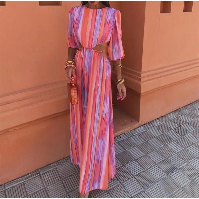 Women’s Fashion Round Neck Midriff Outfit Tie-dye Dress