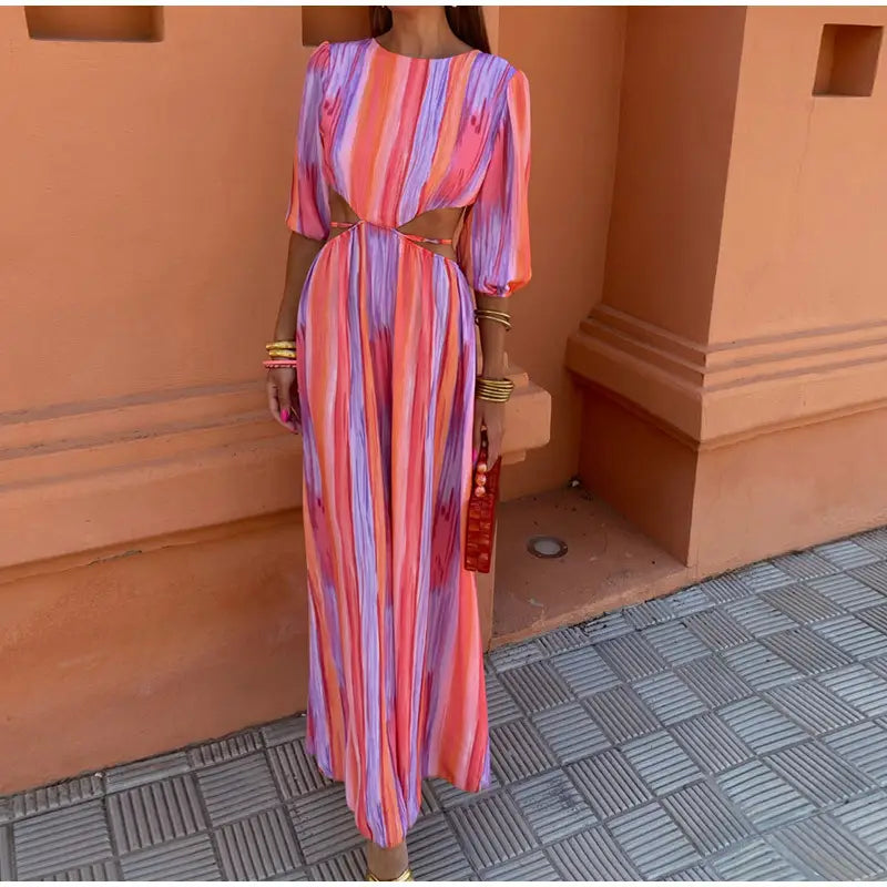 Women’s Fashion Round Neck Midriff Outfit Tie-dye Dress