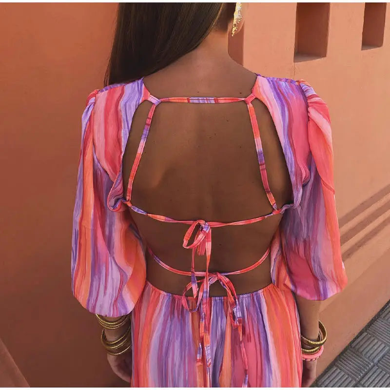Women’s Fashion Round Neck Midriff Outfit Tie-dye Dress