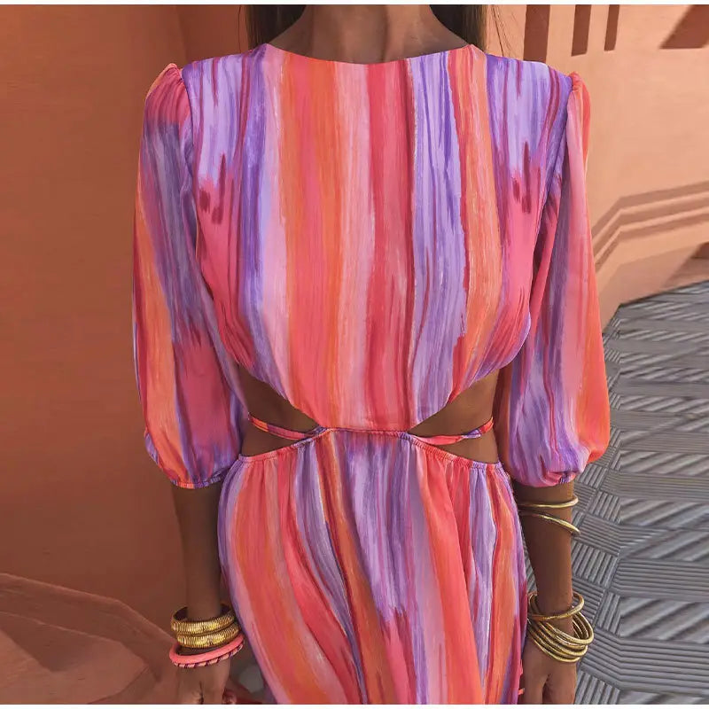 Women’s Fashion Round Neck Midriff Outfit Tie-dye Dress