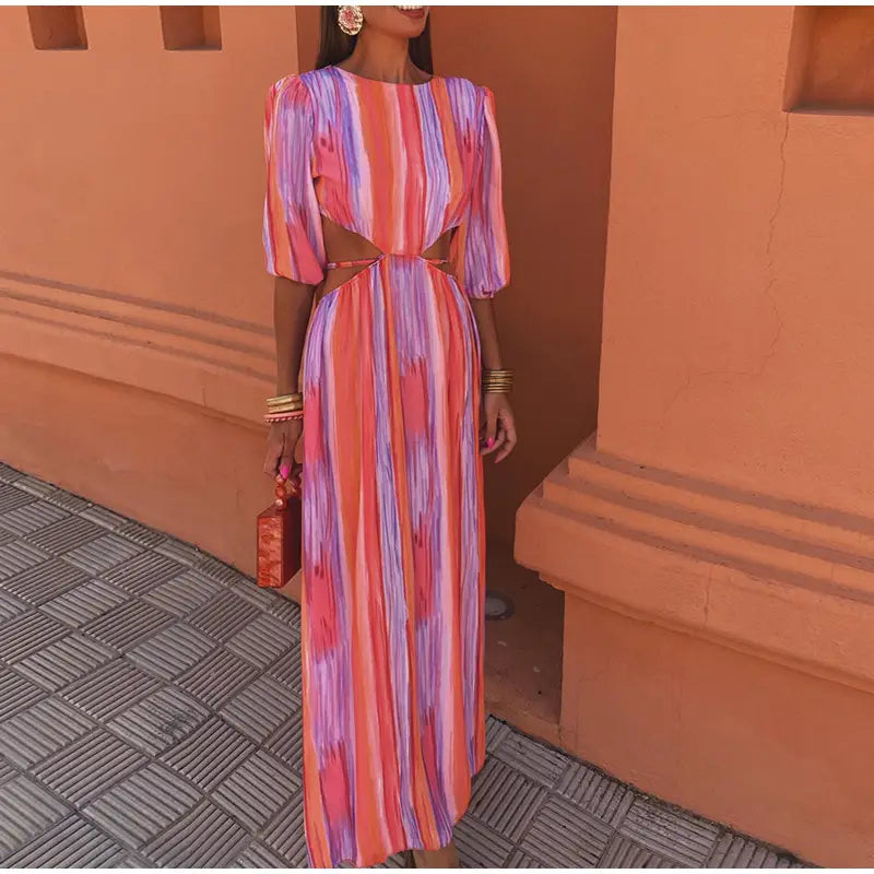 Women’s Fashion Round Neck Midriff Outfit Tie-dye Dress