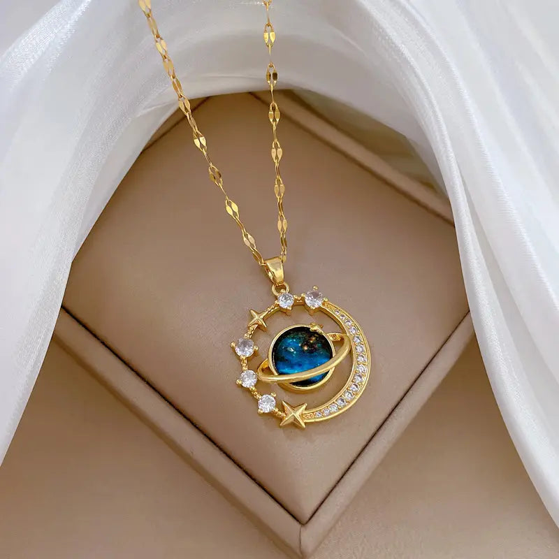 Stainless Steel Starry Sky Planet Astronaut Necklace For Women Light Luxurious Temperament Star Metal Chain Jewelry Gift