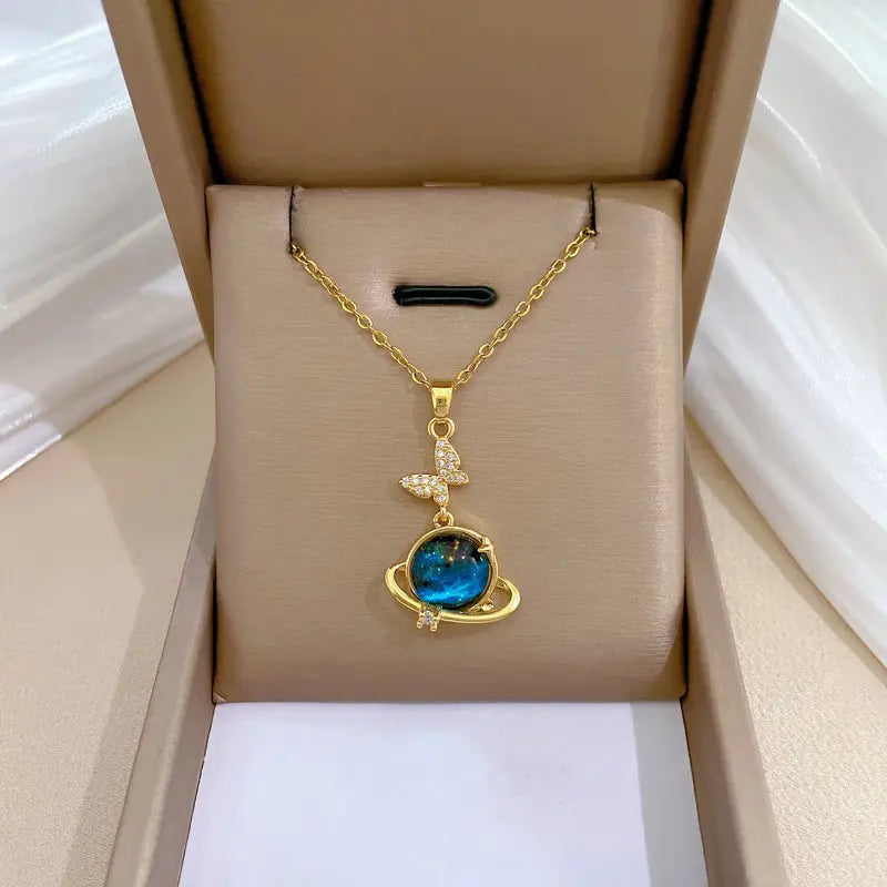 Stainless Steel Starry Sky Planet Astronaut Necklace For Women Light Luxurious Temperament Star Metal Chain Jewelry Gift
