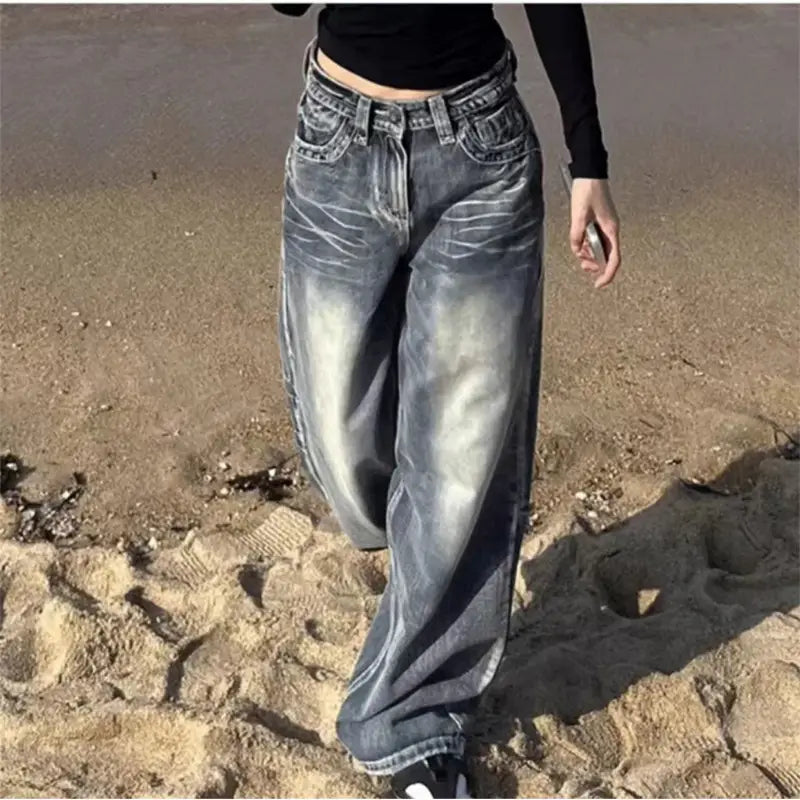 Distressed Straight Wide Leg Vintage Blue High Waist Jeans For Women
