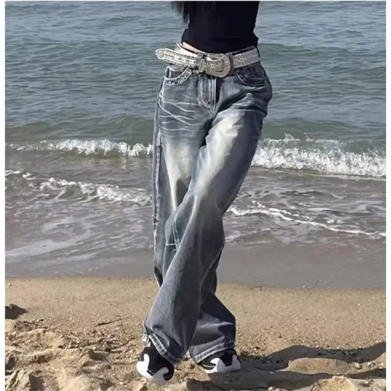 Distressed Straight Wide Leg Vintage Blue High Waist Jeans For Women