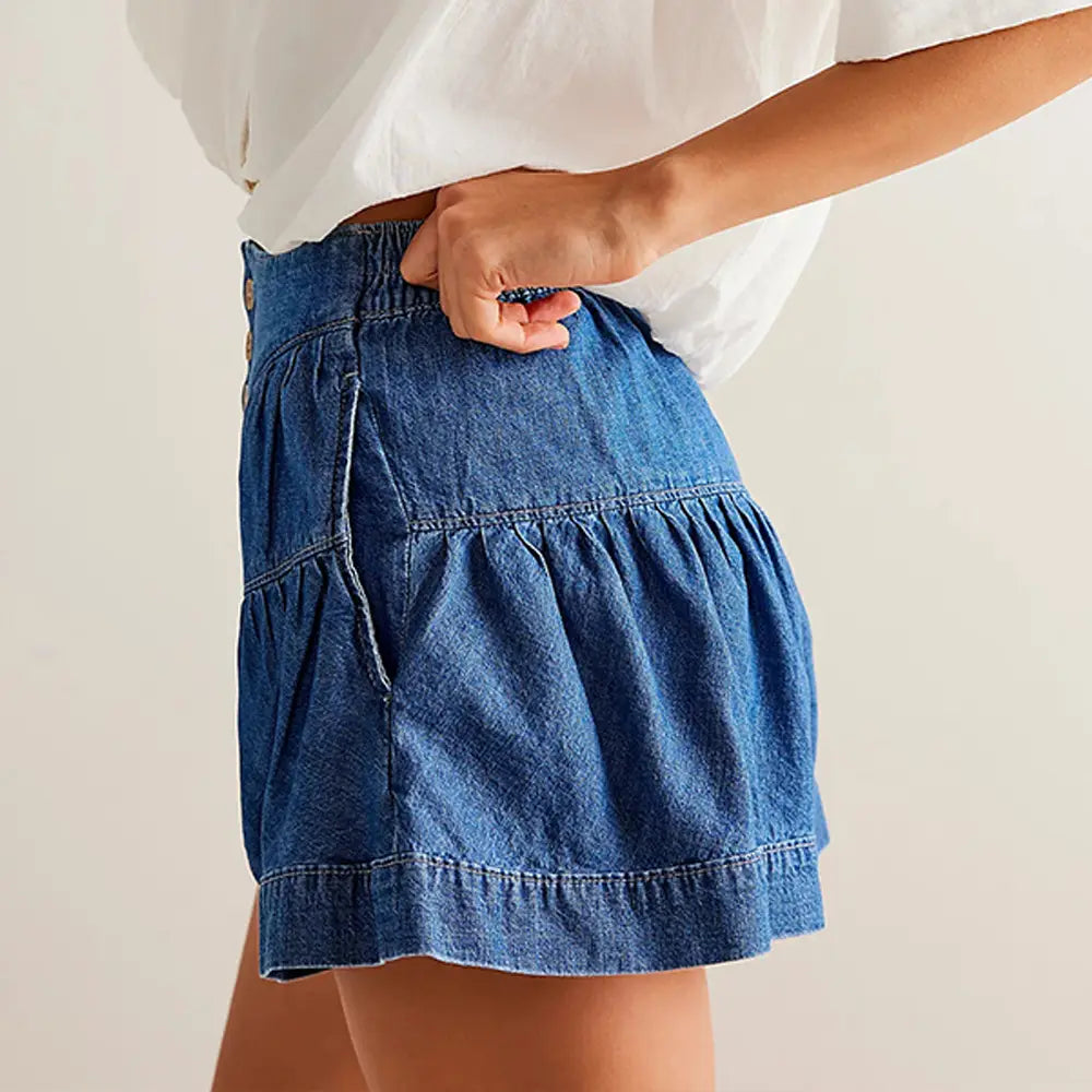 Ruffled Denim Shorts Women’s Elastic Pocket
