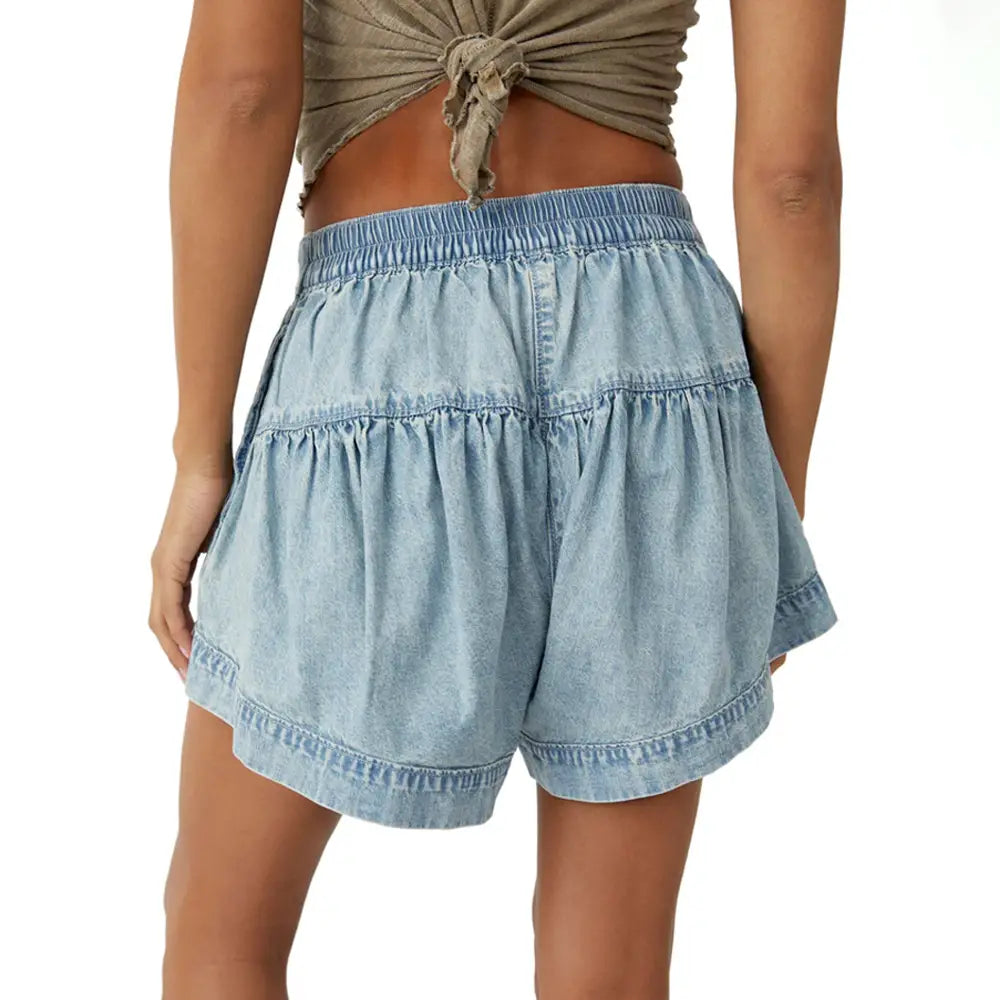 Ruffled Denim Shorts Women’s Elastic Pocket