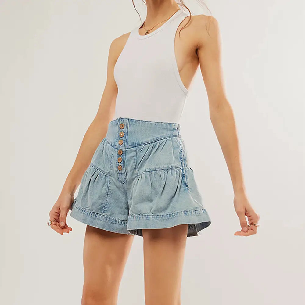 Ruffled Denim Shorts Women’s Elastic Pocket