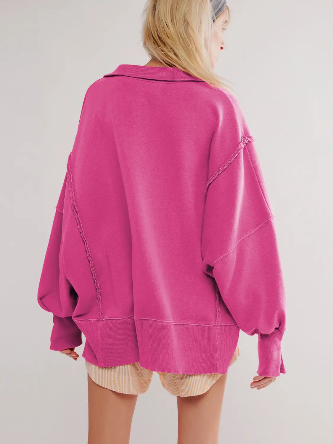 Women’s Lantern Sleeve Decorative Moulding Split Lapel Sweater