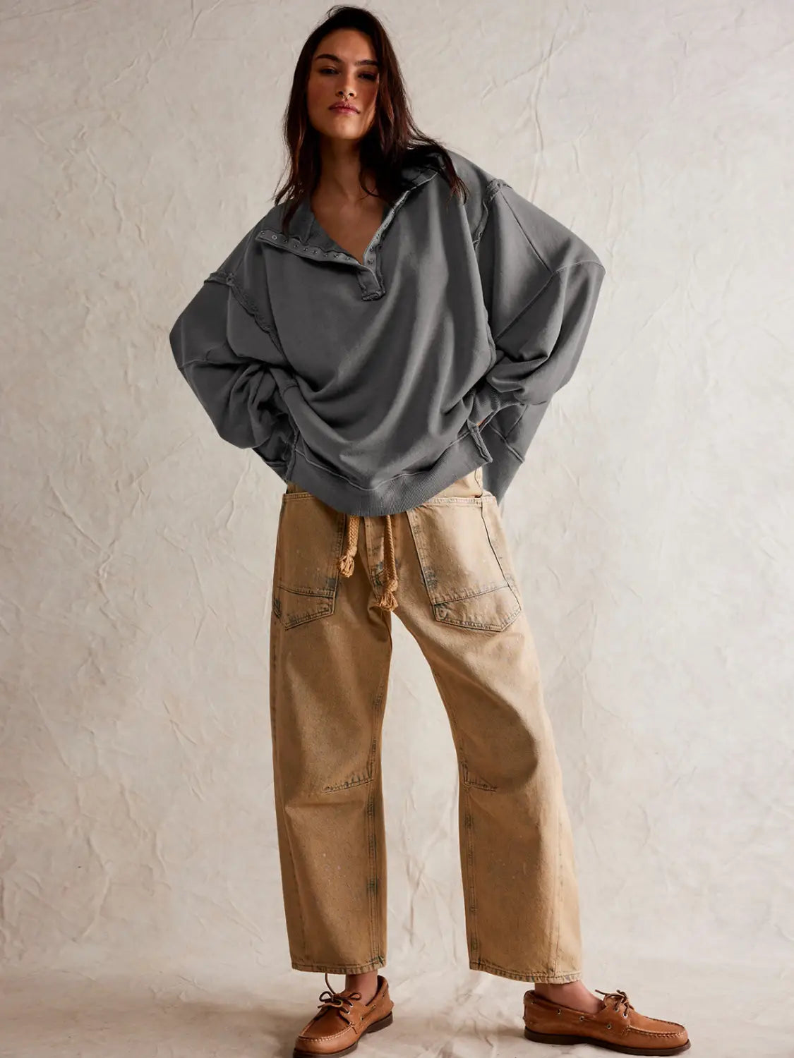 Women’s Lantern Sleeve Decorative Moulding Split Lapel Sweater