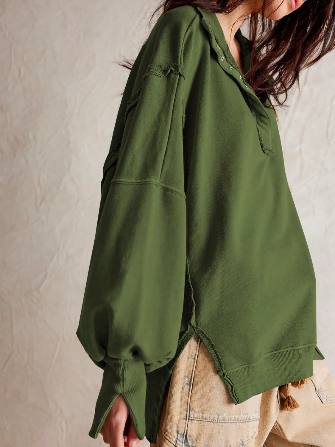 Women’s Lantern Sleeve Decorative Moulding Split Lapel Sweater