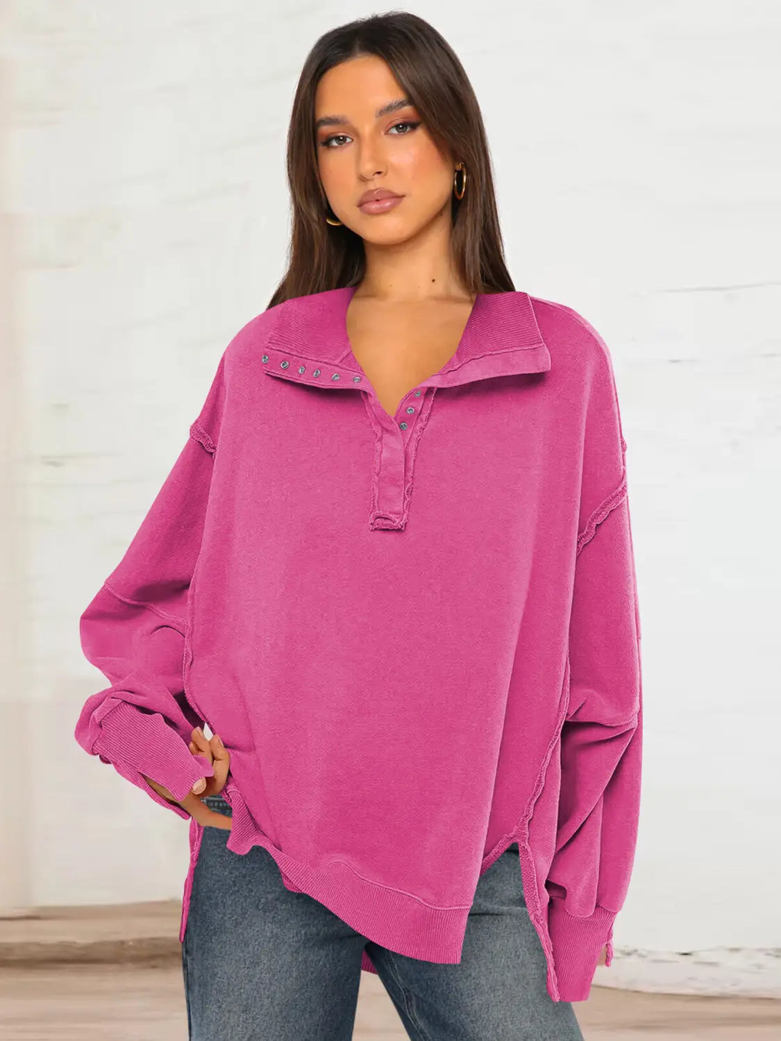 Women’s Lantern Sleeve Decorative Moulding Split Lapel Sweater