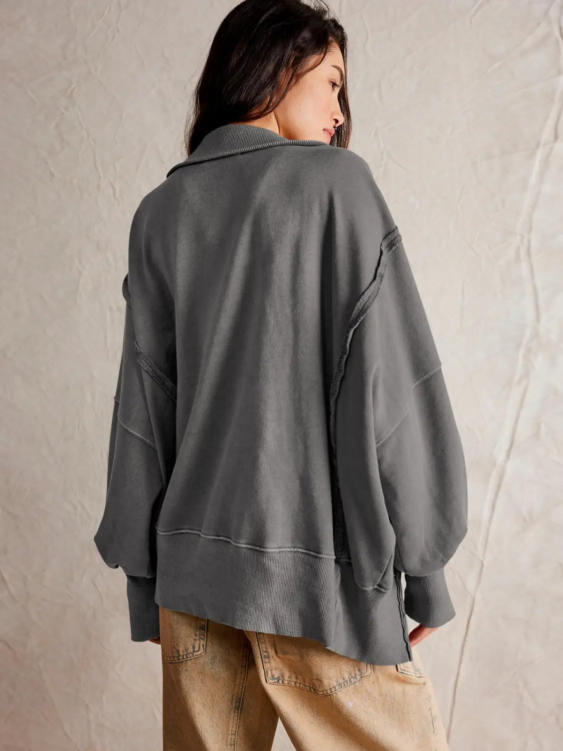 Women’s Lantern Sleeve Decorative Moulding Split Lapel Sweater