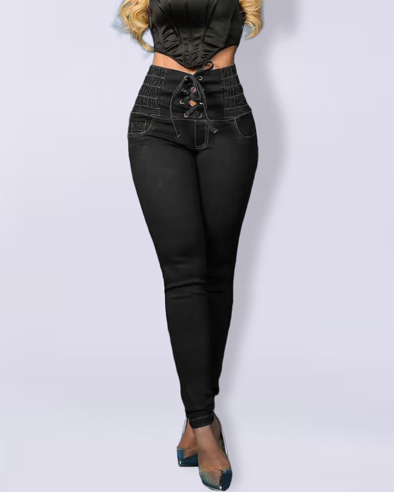 Tied Slim Fit Skinny Jeans Women’s High Waist Hip Lift Trousers