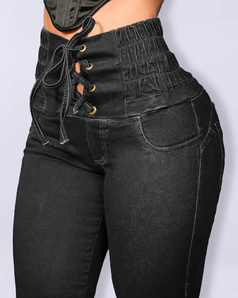 Tied Slim Fit Skinny Jeans Women’s High Waist Hip Lift Trousers