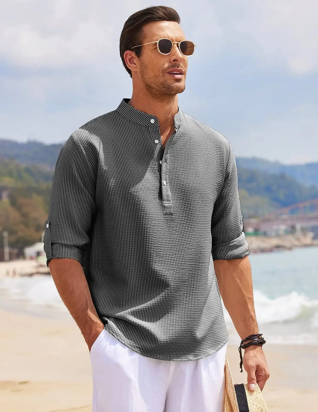 Men’s Casual Shirt Long Sleeve Stand Collar Solid Color Shirt Mens Clothing