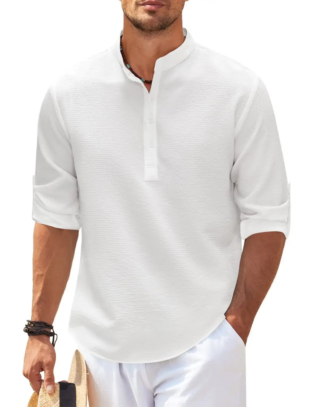 Men’s Casual Shirt Long Sleeve Stand Collar Solid Color Shirt Mens Clothing