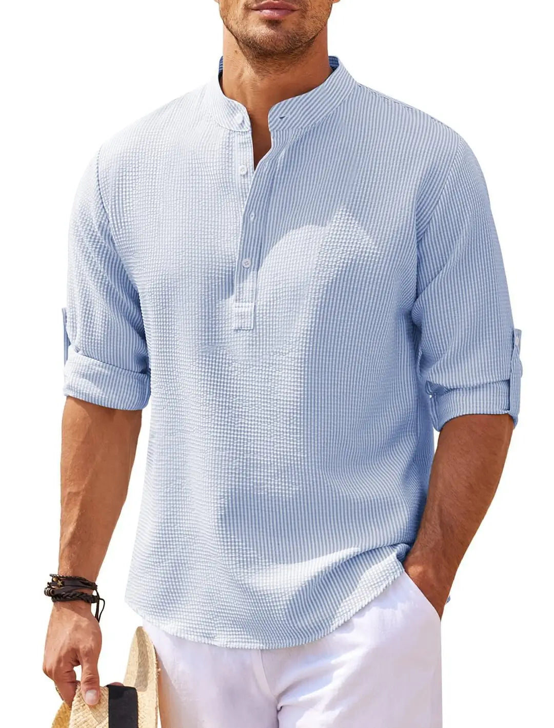 Men’s Casual Shirt Long Sleeve Stand Collar Solid Color Shirt Mens Clothing
