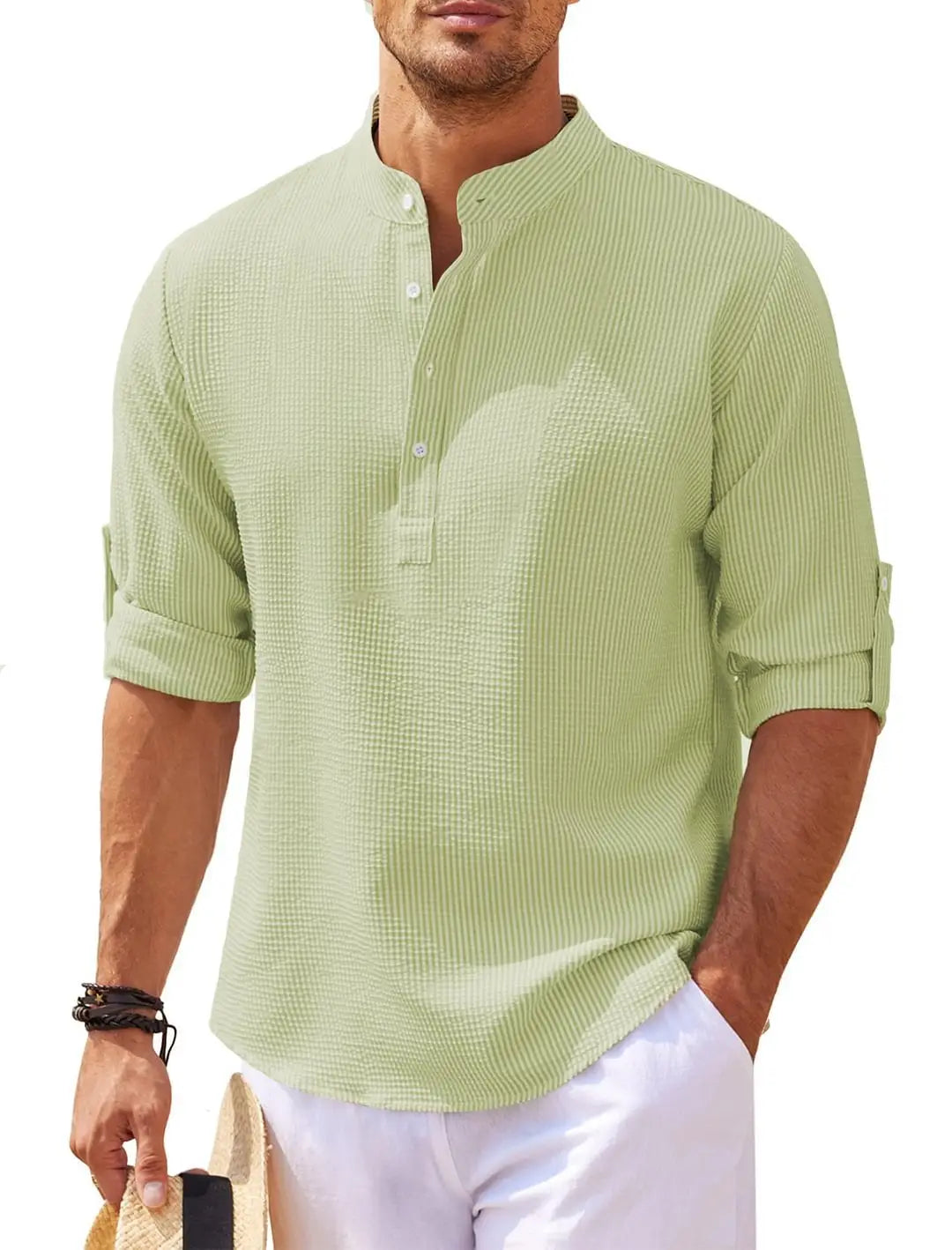 Men’s Casual Shirt Long Sleeve Stand Collar Solid Color Shirt Mens Clothing