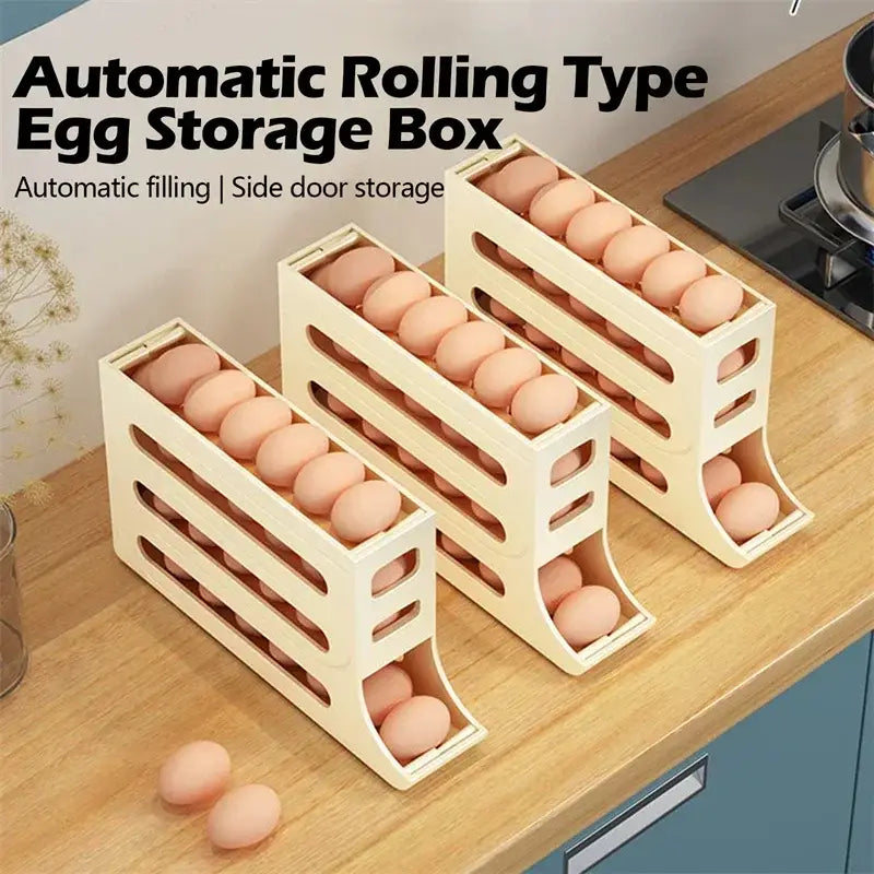 Refrigerator 4-Layer Automatic Egg Roller Sliding Egg Tray Refrigerator Side Door Large Capacity Holder Egg Storage Box
