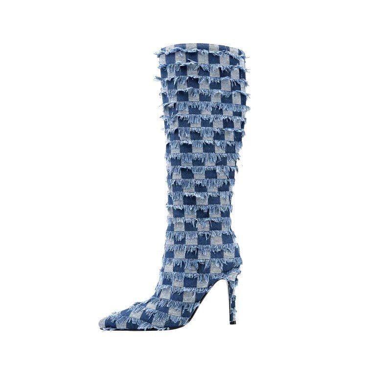 Chessboard Plaid Denim Blue Cloth Women’s Boots