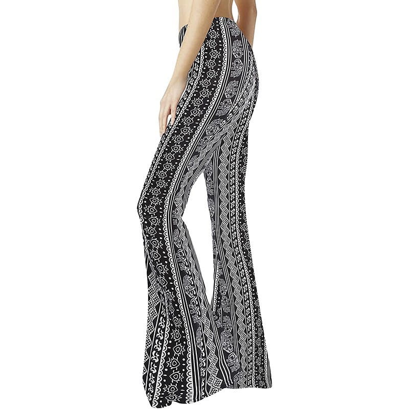 Meilaoshi New Bohemian Style Bell-bottom Pants Women’s Ethnic Style Fashion Casual Stretch