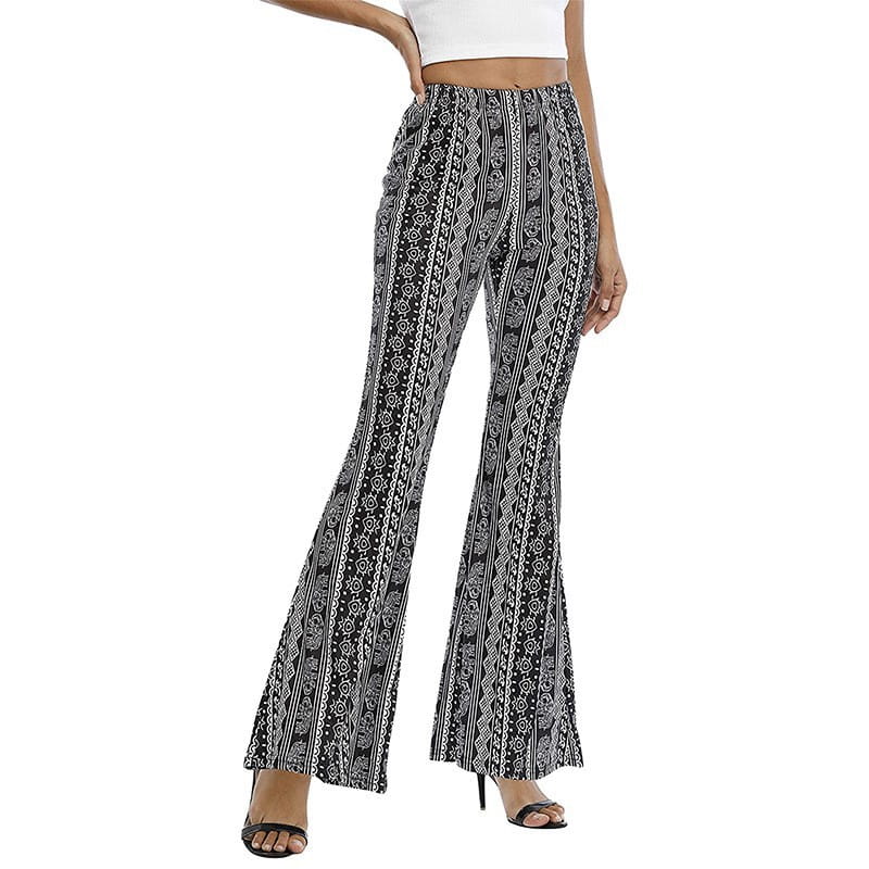 Meilaoshi New Bohemian Style Bell-bottom Pants Women’s Ethnic Style Fashion Casual Stretch