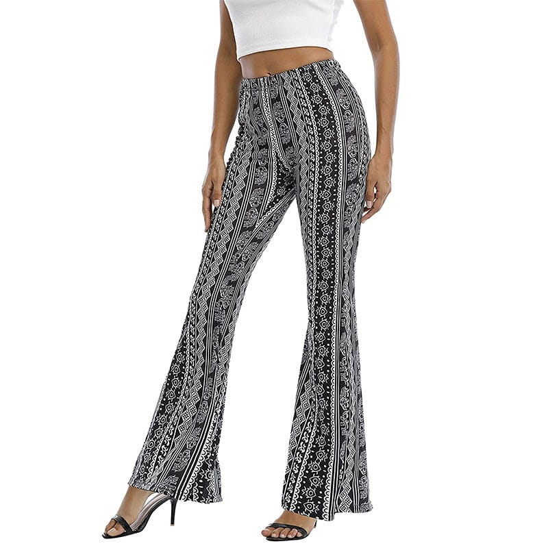 Meilaoshi New Bohemian Style Bell-bottom Pants Women’s Ethnic Style Fashion Casual Stretch