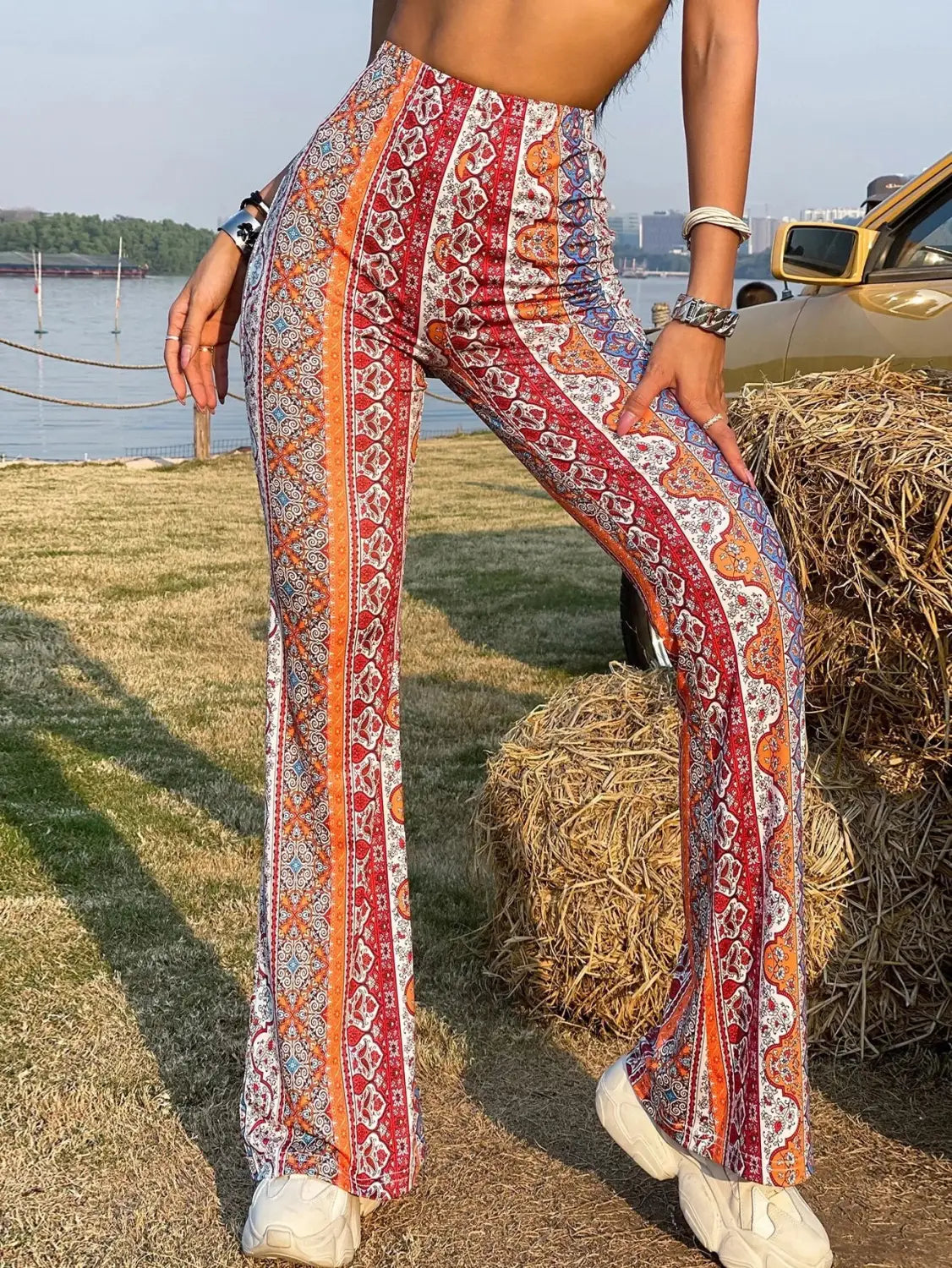 Meilaoshi New Bohemian Style Bell-bottom Pants Women’s Ethnic Style Fashion Casual Stretch