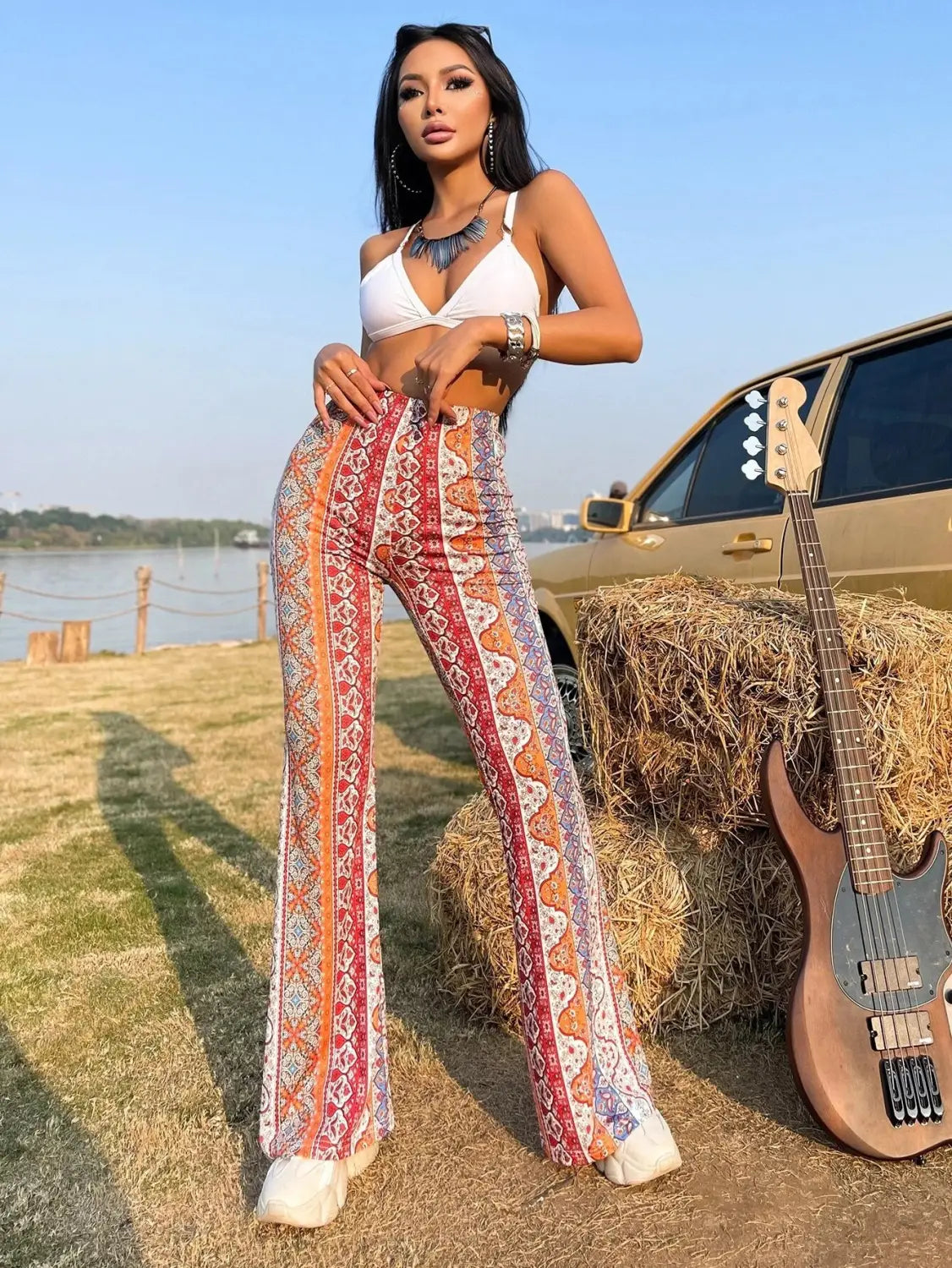 Meilaoshi New Bohemian Style Bell-bottom Pants Women’s Ethnic Style Fashion Casual Stretch