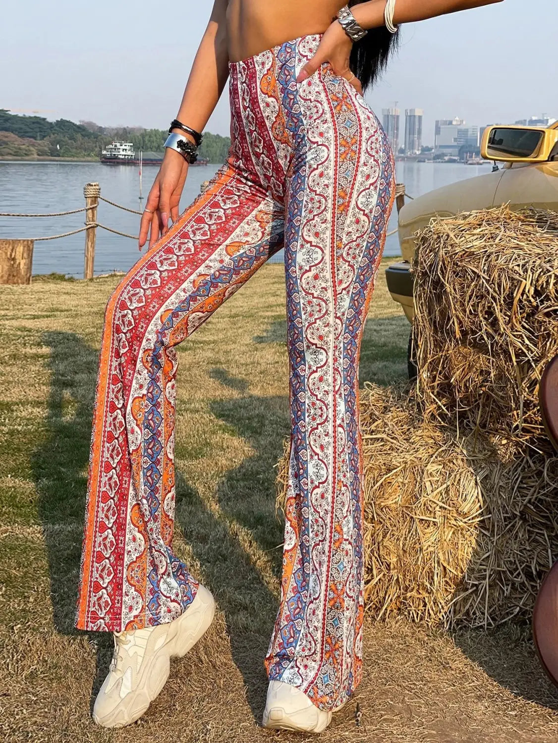 Meilaoshi New Bohemian Style Bell-bottom Pants Women’s Ethnic Style Fashion Casual Stretch