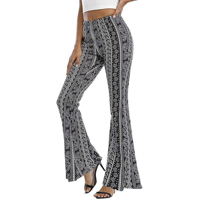 Meilaoshi New Bohemian Style Bell-bottom Pants Women’s Ethnic Style Fashion Casual Stretch