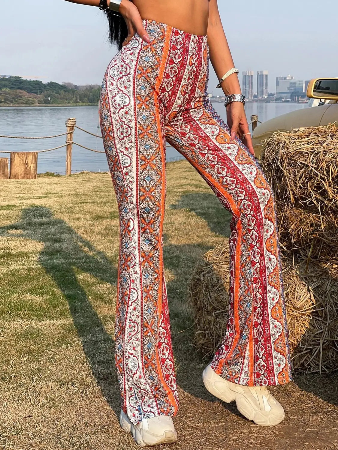 Meilaoshi New Bohemian Style Bell-bottom Pants Women’s Ethnic Style Fashion Casual Stretch