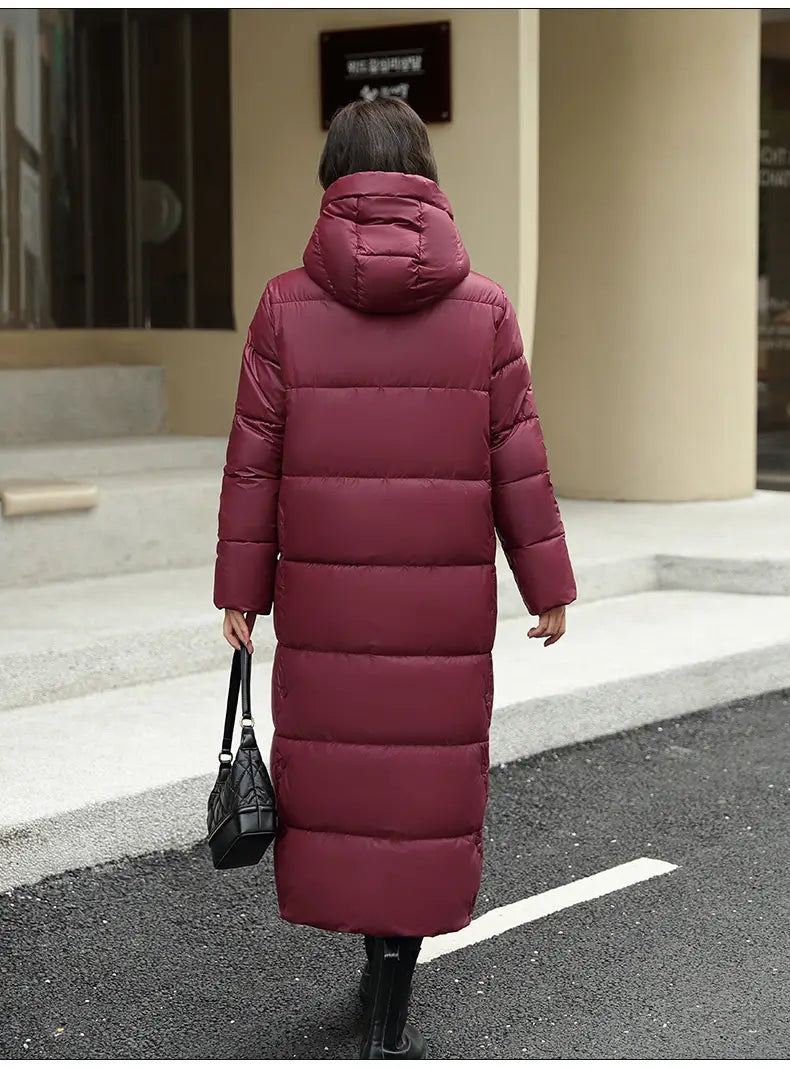 Women’s Super Long Down Jacket Winter Puffer Thick Coat Black Red Hooded Zipper Keep Warm Fall Winter Casual Clothes