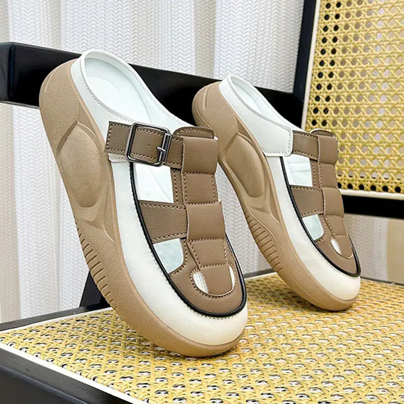 Thick-soled Closed-toe Slippers Summer Outdoor Garden Hollow Buckle Slide Sandals Casual Beach Shoes