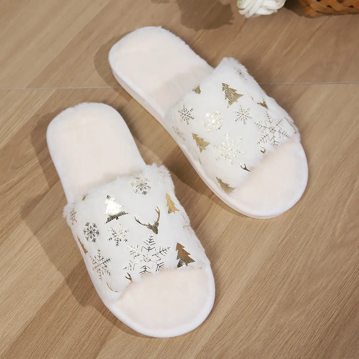 Christmas Plush Slippers Fashion Open-toed Home Slipper Indoor Warm Non-slip Floor Bedroom House Shoes For Couples