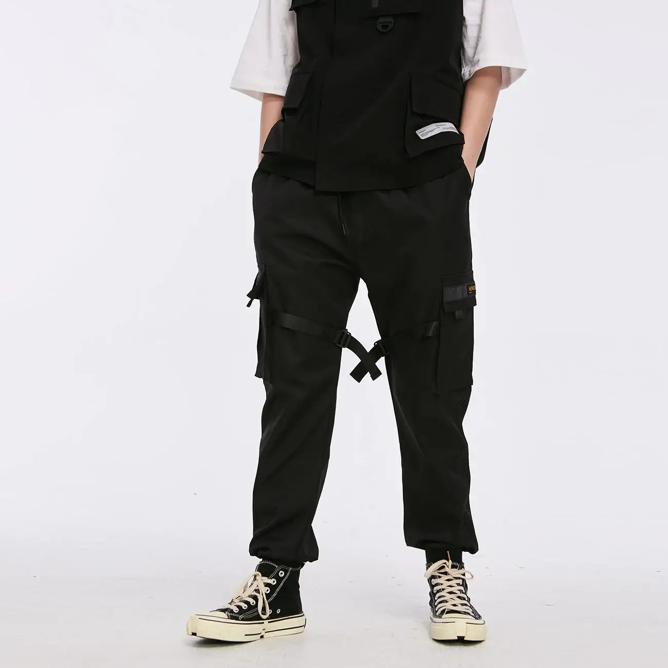 Ribbons Harem Joggers Men Cargo Pants Streetwear Hip Hop Casual Pockets Cotton Track Pants