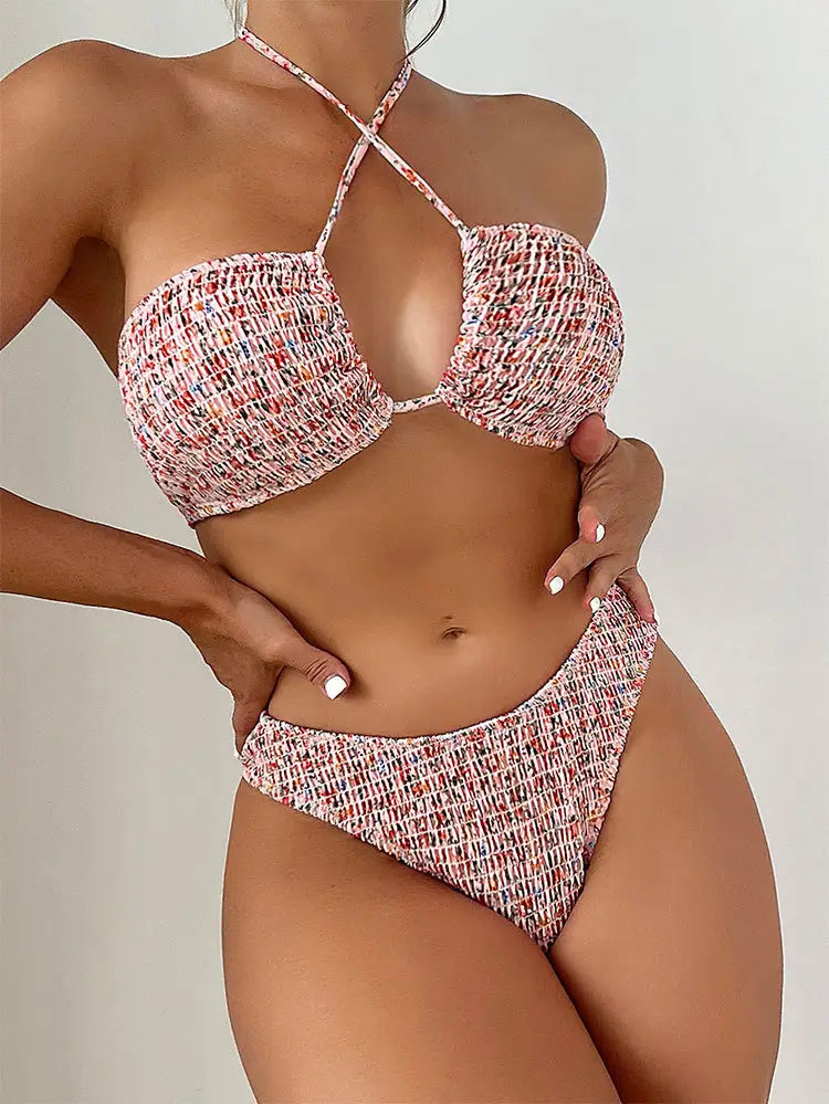 Summer Flowers Print Pleated Design Bikini Set Beach Fashion Halter Neck Swimsuit Womens Clothing