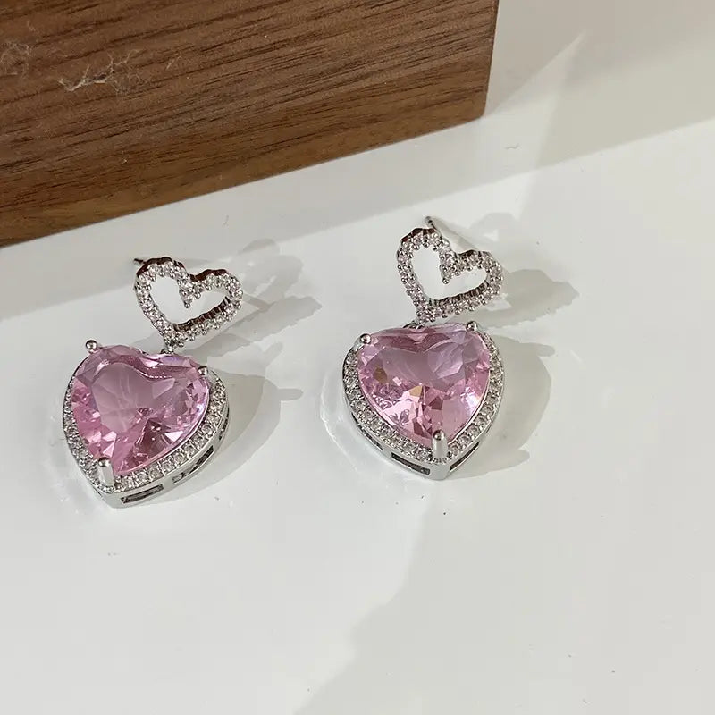 Light Luxury Premium Feeling Pink Crystal Heart Earrings For Women Girls Niche Design Earrings Birthday Jewellery Gift