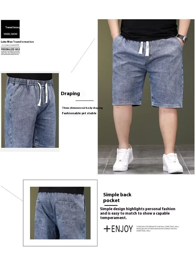 Summer Thin Plus Size Elastic Waist Denim Shorts Men