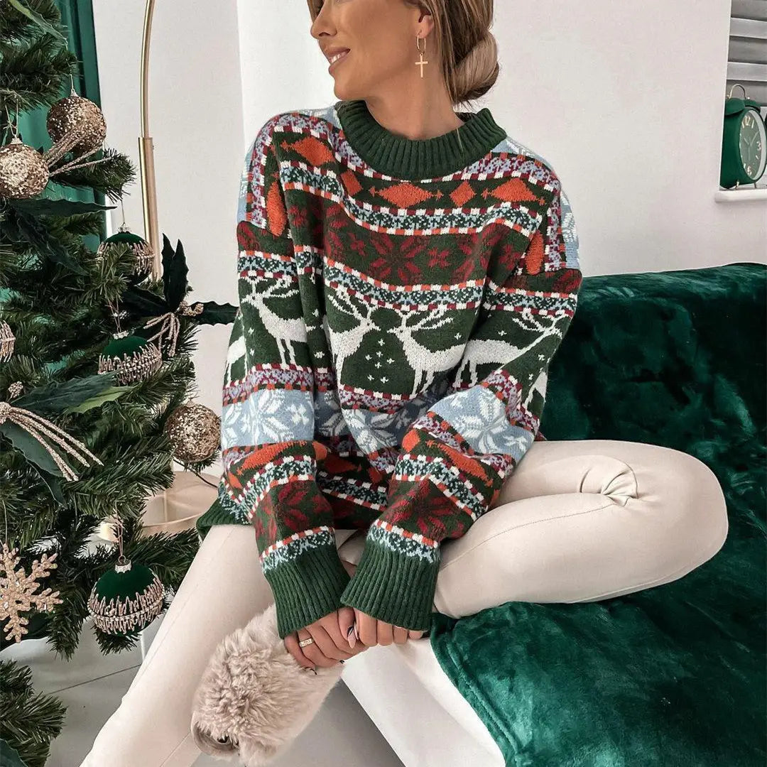 Women’s Fashion Round Neck Loose Christmas Theme Jacquard Long Sleeve Sweater