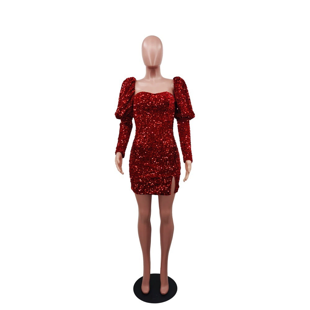 Sequin Backless Padded Shoulder Bubble Sleeve Party Dresses For Women