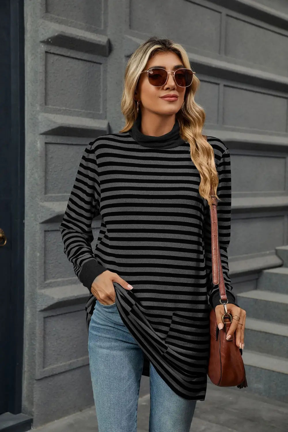 Fashion Striped Print Long Sweatshirt With Pocket Loose Long Sleeve Pullover T-shirt Top For Womens Clothing