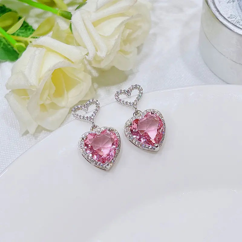 Light Luxury Premium Feeling Pink Crystal Heart Earrings For Women Girls Niche Design Earrings Birthday Jewellery Gift