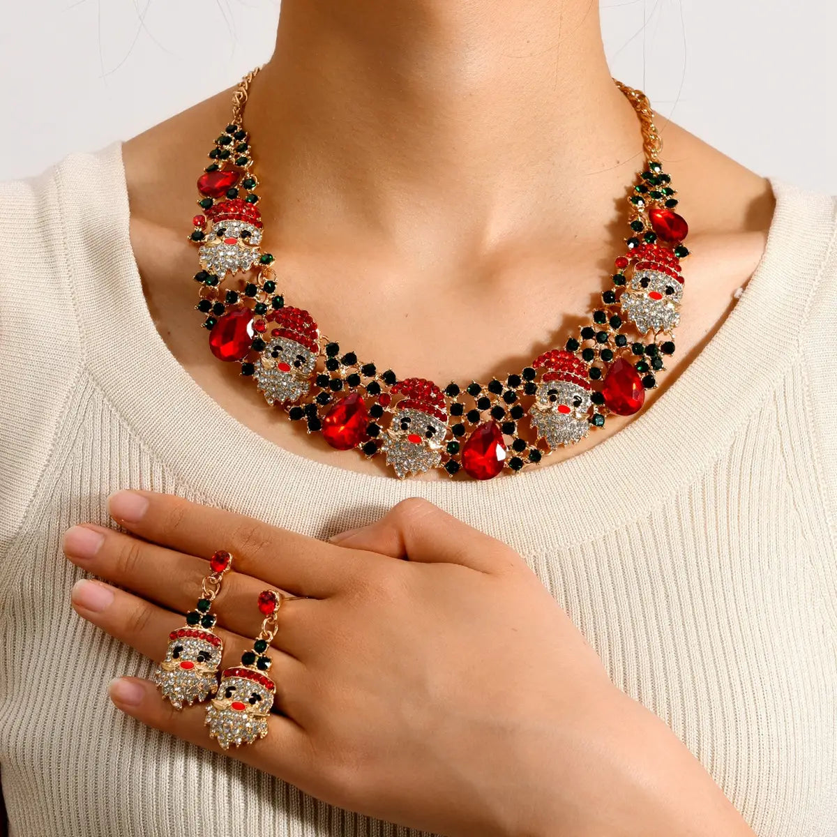 Necklace 3pcs Christmas Earrings Set With Colored Rhinestones Ins Fashionable Shiny Santa Claus Necklace For Womens